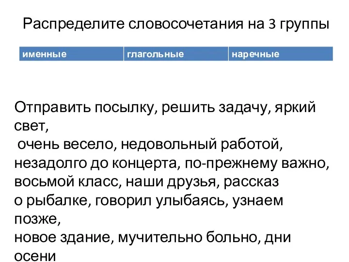 Распределите словосочетания на 3 группы Отправить посылку, решить задачу, яркий