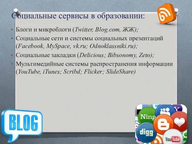 Социальные сервисы в образовании: Блоги и микроблоги (Twitter, Blog.com, ЖЖ); Социальные сети и