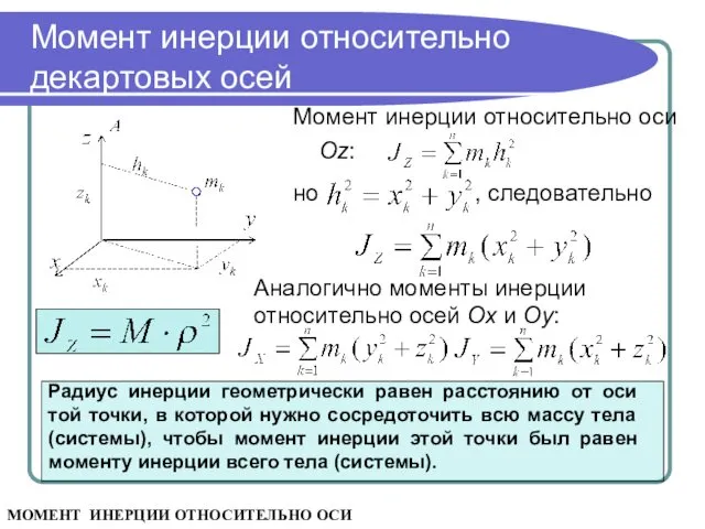 но , следовательно Момент инерции относительно оси Oz: Момент инерции