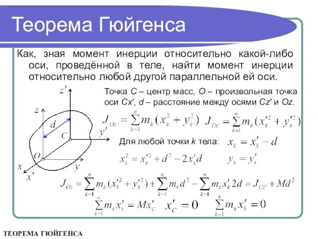 Теорема Гюйгенса Как, зная момент инерции относительно какой-либо оси, проведённой