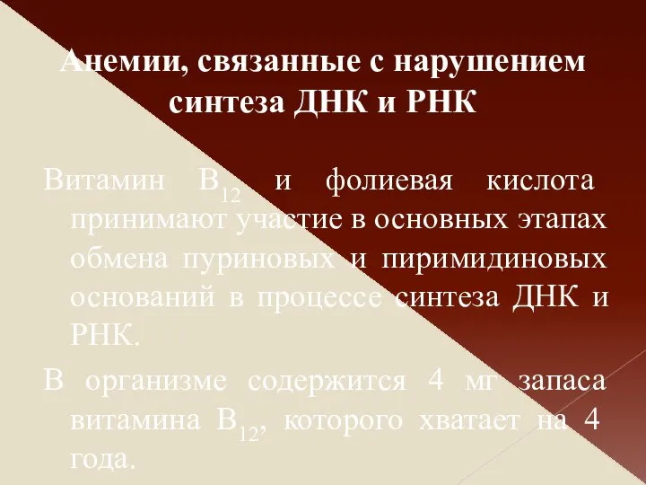 Витамин В12 и фолиевая кислота принимают участие в основных этапах обмена пуриновых и