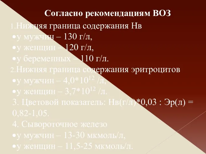 Нижняя граница содержания Нв у мужчин – 130 г/л, у женщин – 120