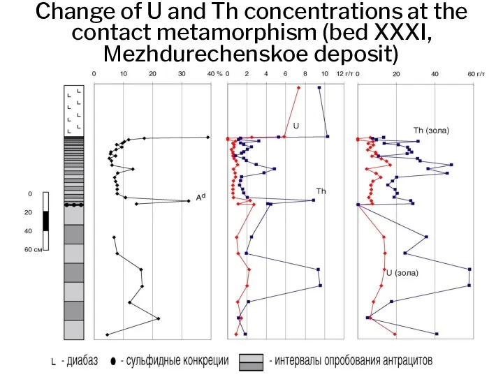 Change of U and Th concentrations at the contact metamorphism (bed XXXI, Мezhdurechenskoe deposit)