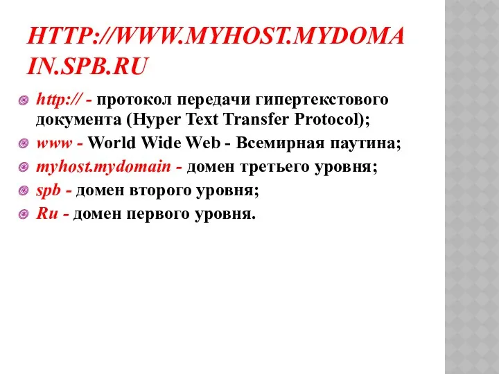 HTTP://WWW.MYHOST.MYDOMAIN.SPB.RU http:// - протокол передачи гипертекстового документа (Hyper Text Transfer