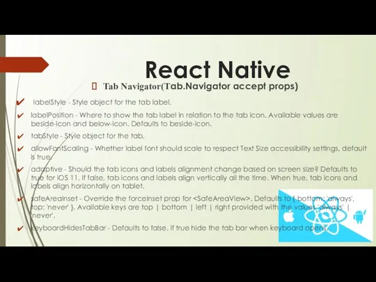 React Native Tab Navigator(Tab.Navigator accept props) labelStyle - Style object