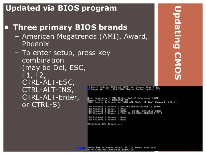 Updating CMOS Updated via BIOS program Three primary BIOS brands