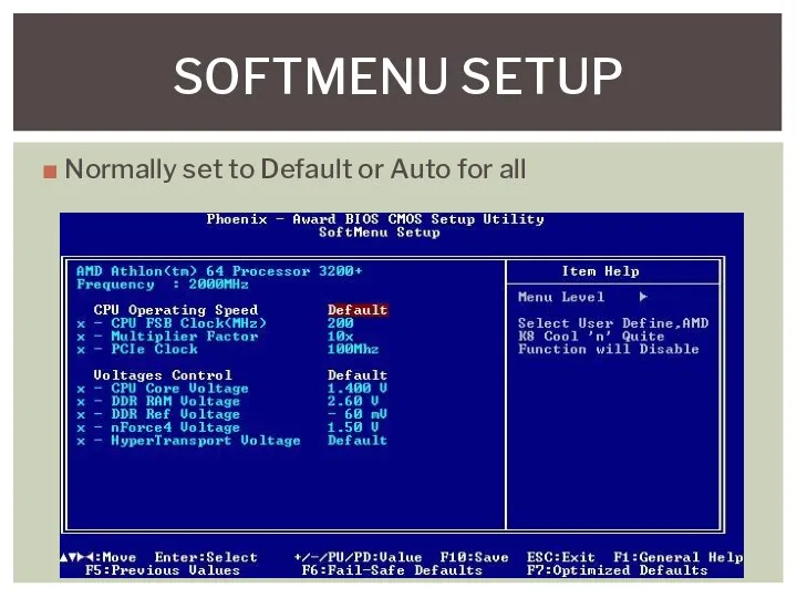 Normally set to Default or Auto for all SOFTMENU SETUP