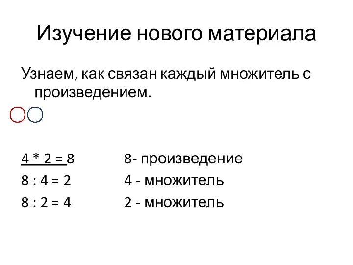 Изучение нового материала Узнаем, как связан каждый множитель с произведением.