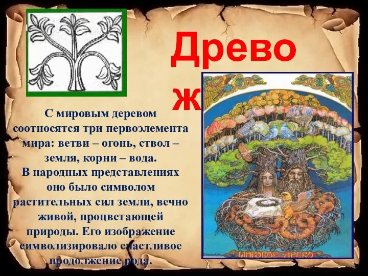 Древо жизни С мировым деревом соотносятся три первоэлемента мира: ветви – огонь, ствол