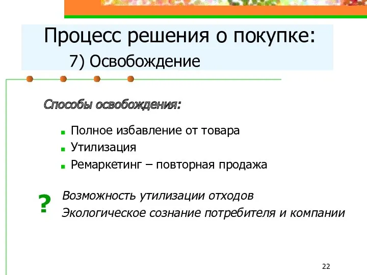 Способы освобождения: Полное избавление от товара Утилизация Ремаркетинг – повторная