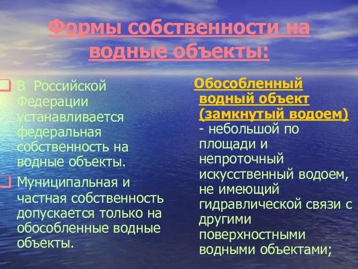 Формы собственности на водные объекты: В Российской Федерации устанавливается федеральная