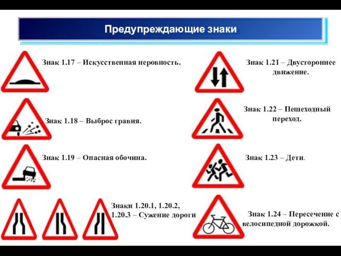 Предупреждающие знаки Знак 1.17 – Искусственная неровность. Знак 1.18 –