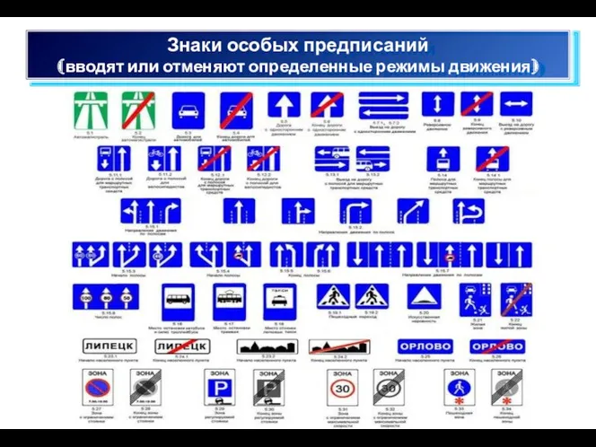 Знаки особых предписаний (вводят или отменяют определенные режимы движения)