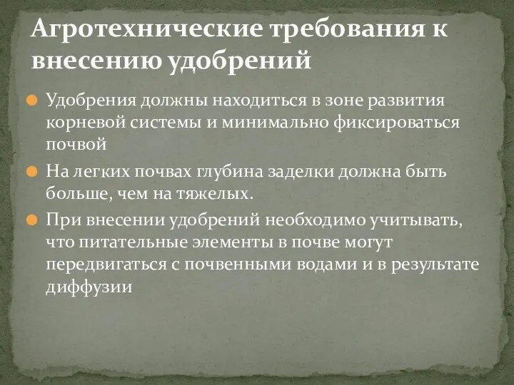 Удобрения должны находиться в зоне развития корневой системы и минимально