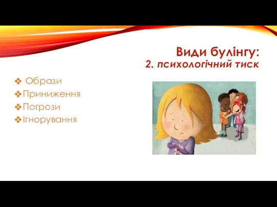 Види булінгу: 2. психологічний тиск Образи Приниження Погрози Ігнорування