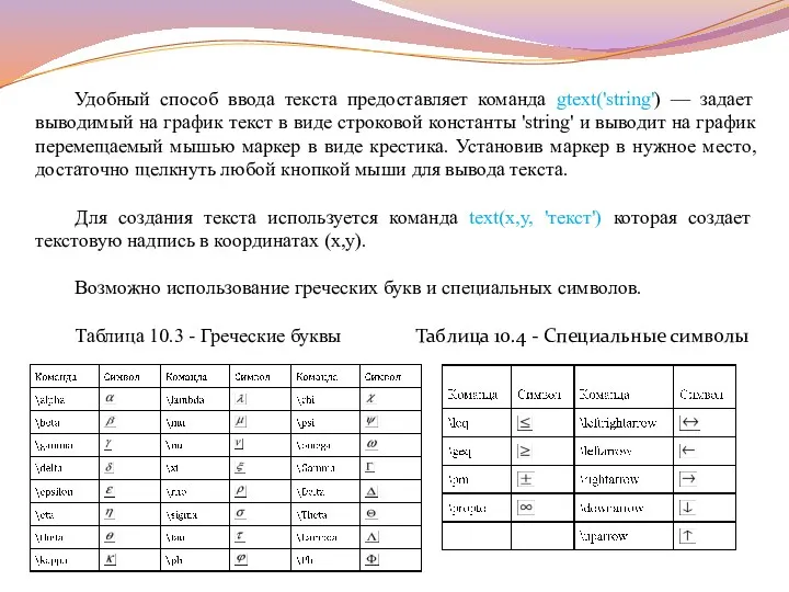 Удобный способ ввода текста предоставляет команда gtext('string') — задает выводимый