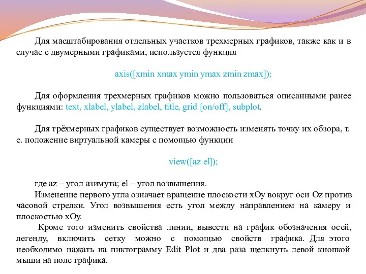 Для масштабирования отдельных участков трехмерных графиков, также как и в