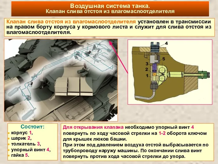 Воздушная система танка. Клапан слива отстоя из влагомаслоотделителя Клапан слива