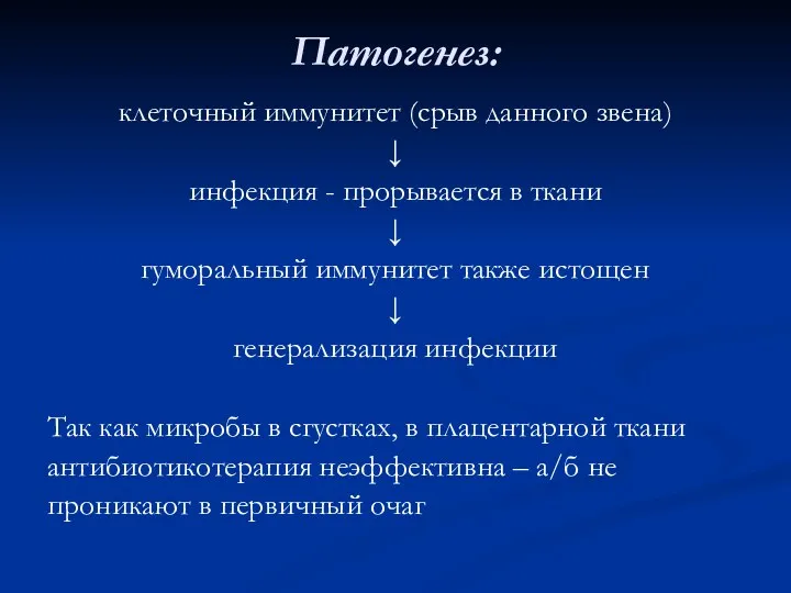 Патогенез: клеточный иммунитет (срыв данного звена) ↓ инфекция - прорывается