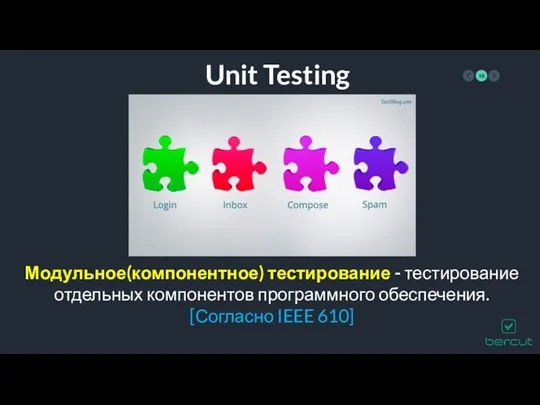 Unit Testing Модульное(компонентное) тестирование - тестирование отдельных компонентов программного обеспечения. [Согласно IEEE 610]