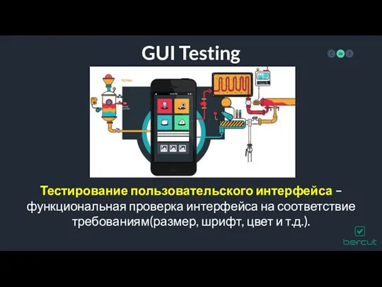 GUI Testing Тестирование пользовательского интерфейса – функциональная проверка интерфейса на соответствие требованиям(размер, шрифт, цвет и т.д.).