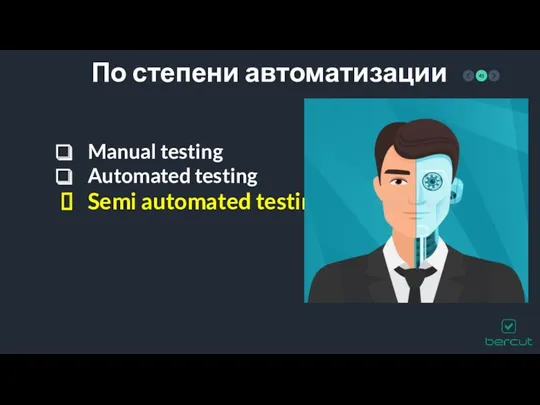 По степени автоматизации Manual testing Automated testing Semi automated testing