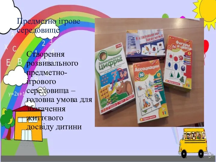 Предметно ігрове середовище Створення розвивального предметно-ігрового середовища – головна умова для збагачення життєвого досвіду дитини