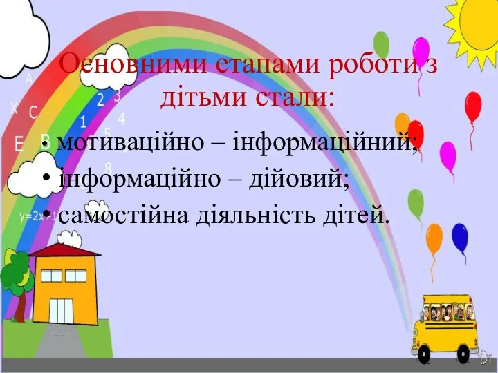 Основними етапами роботи з дітьми стали: мотиваційно – інформаційний; інформаційно – дійовий; самостійна діяльність дітей.