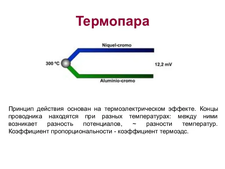 Термопара Принцип действия основан на термоэлектрическом эффекте. Концы проводника находятся