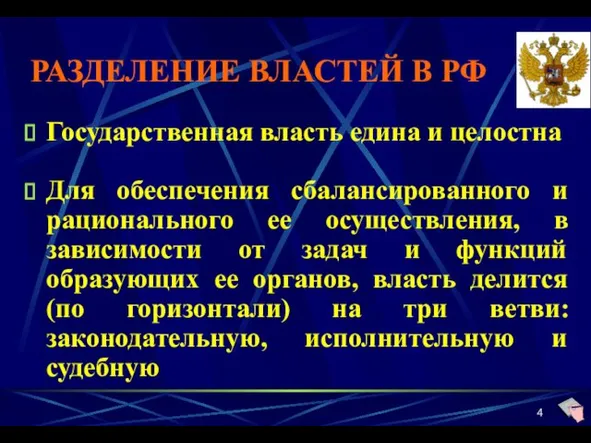 РАЗДЕЛЕНИЕ ВЛАСТЕЙ В РФ Государственная власть едина и целостна Для обеспечения сбалансированного и