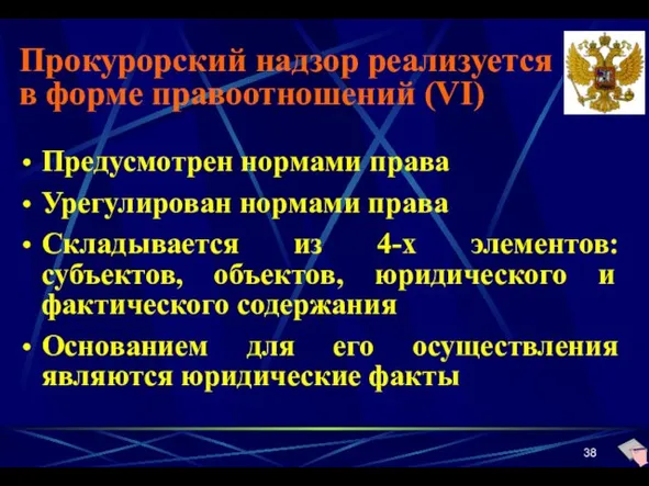 Прокурорский надзор реализуется в форме правоотношений (VI) Предусмотрен нормами права Урегулирован нормами права