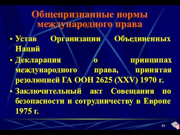 Общепризнанные нормы международного права Устав Организации Объединенных Наций Декларация о принципах международного права,