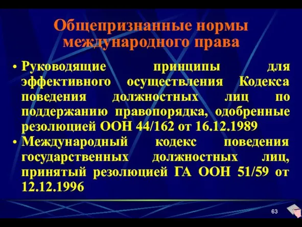 Общепризнанные нормы международного права Руководящие принципы для эффективного осуществления Кодекса поведения должностных лиц