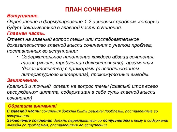 ПЛАН СОЧИНЕНИЯ Вступление. Определение и формулирование 1-2 основных проблем, которые