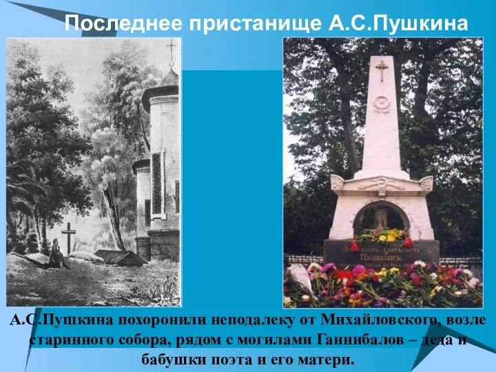 Последнее пристанище А.С.Пушкина А.С.Пушкина похоронили неподалеку от Михайловского, возле старинного