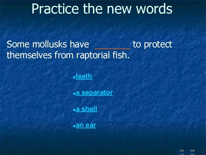 Practice the new words Some mollusks have _______ to protect