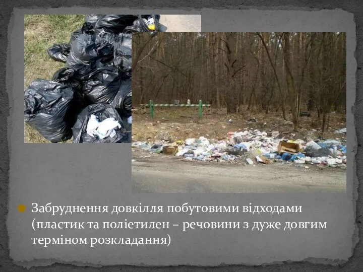 Забруднення довкілля побутовими відходами (пластик та поліетилен – речовини з дуже довгим терміном розкладання)