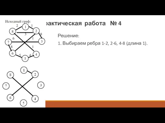 Решение: 1. Выбираем ребра 1-2, 2-6, 4-8 (длина 1). Практическая работа № 4