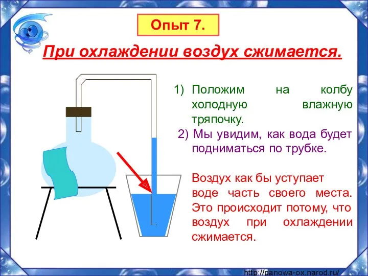 При охлаждении воздух сжимается. Положим на колбу холодную влажную тряпочку.