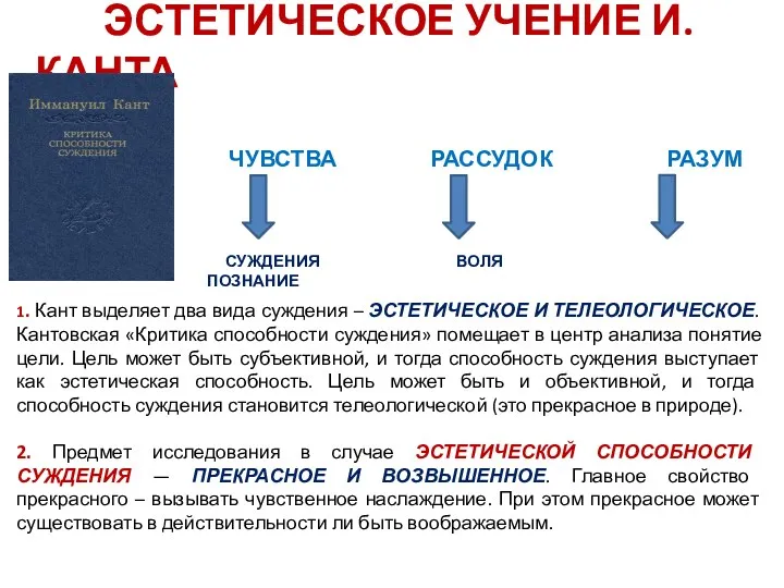 ЭСТЕТИЧЕСКОЕ УЧЕНИЕ И. КАНТА ЧУВСТВА РАССУДОК РАЗУМ СУЖДЕНИЯ ВОЛЯ ПОЗНАНИЕ