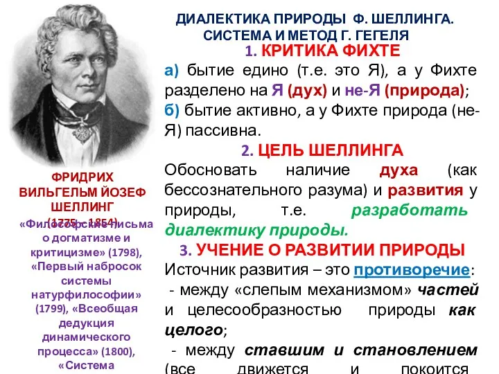 ДИАЛЕКТИКА ПРИРОДЫ Ф. ШЕЛЛИНГА. СИСТЕМА И МЕТОД Г. ГЕГЕЛЯ ФРИДРИХ