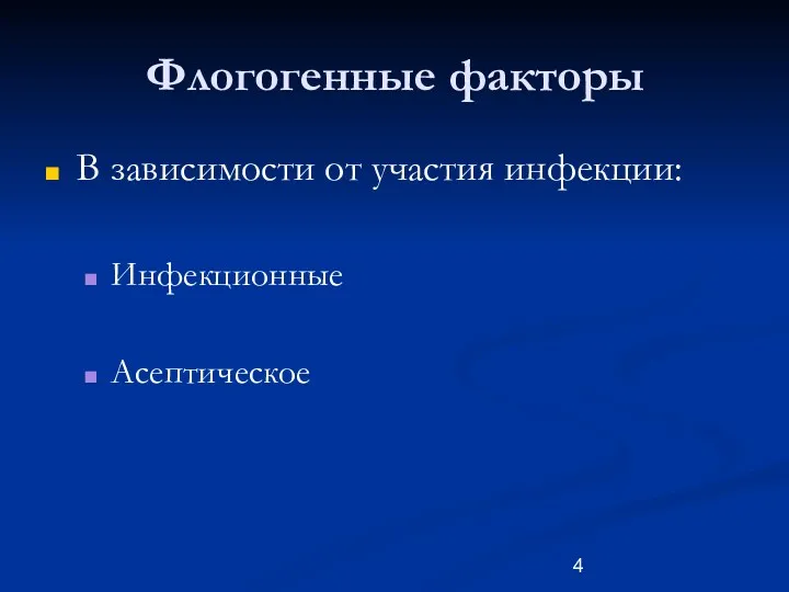 Флогогенные факторы В зависимости от участия инфекции: Инфекционные Асептическое