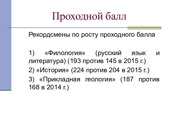 Проходной балл Рекордсмены по росту проходного балла 1) «Филология» (русский