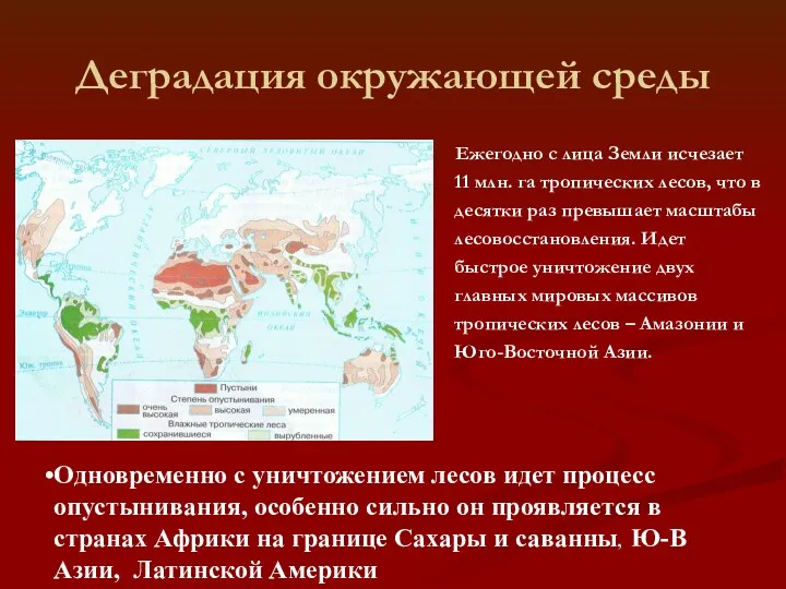 Деградация окружающей среды Ежегодно с лица Земли исчезает 11 млн.