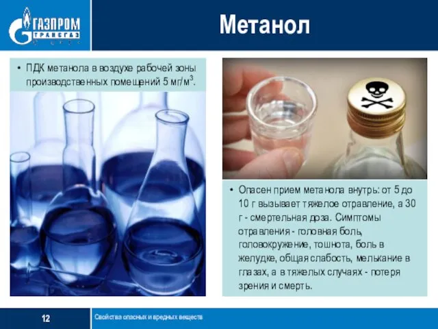 Метанол Свойства опасных и вредных веществ ПДК метанола в воздухе