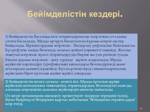 Бейімделістін кездері. 1) Бейімделістің бастапқы кезі тітіркендірпштер өсер еткен ал-ғашкы