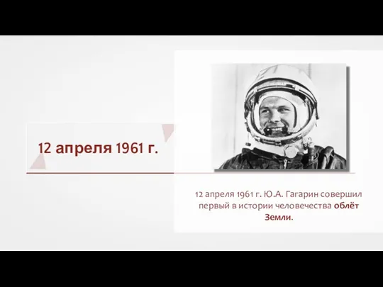 12 апреля 1961 г. 12 апреля 1961 г. Ю.А. Гагарин совершил первый в