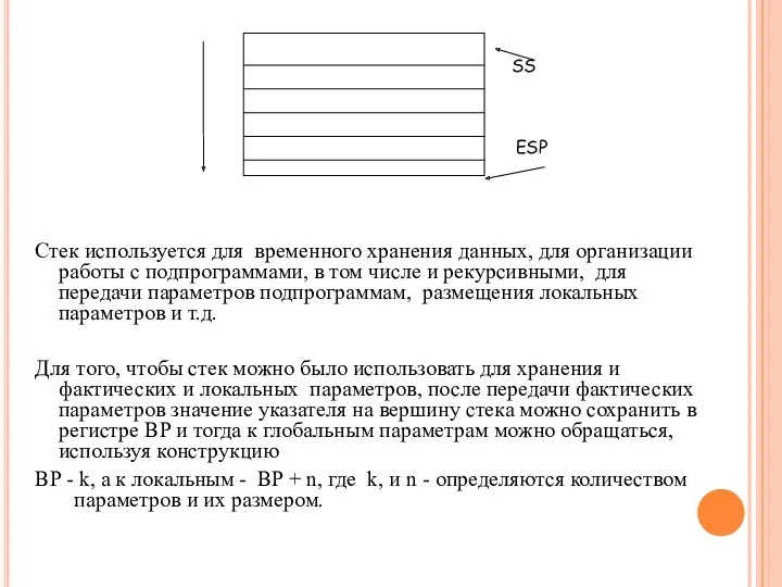 Стек используется для временного хранения данных, для организации работы с