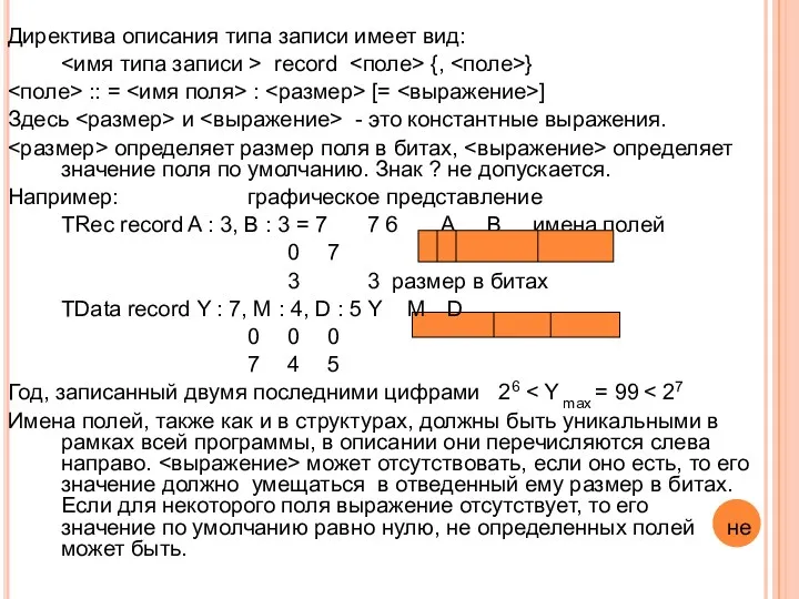 Директива описания типа записи имеет вид: record {, } ::