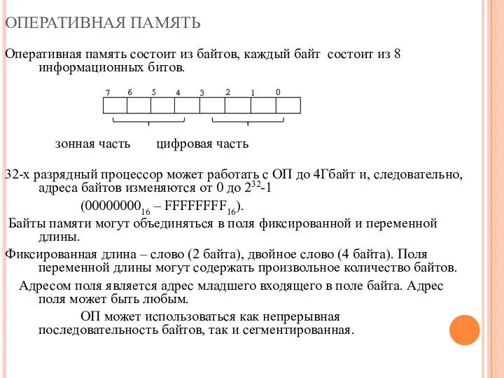 ОПЕРАТИВНАЯ ПАМЯТЬ Оперативная память состоит из байтов, каждый байт состоит